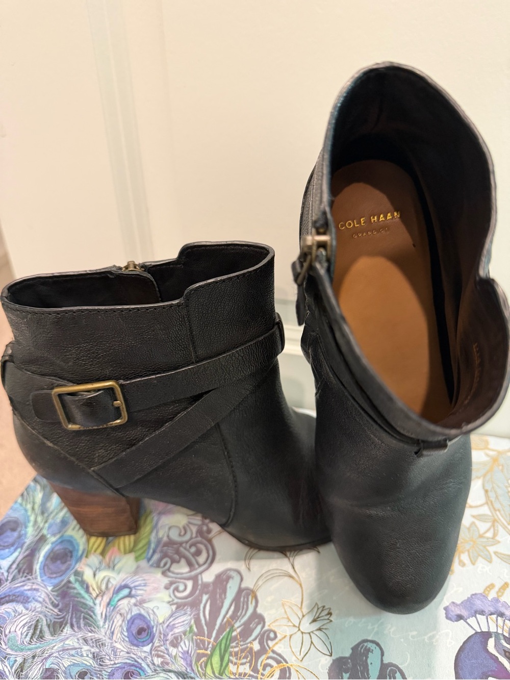 Cole Haan Grand.OS Black Leather Buckle Ankle Boots Booties 7.5B